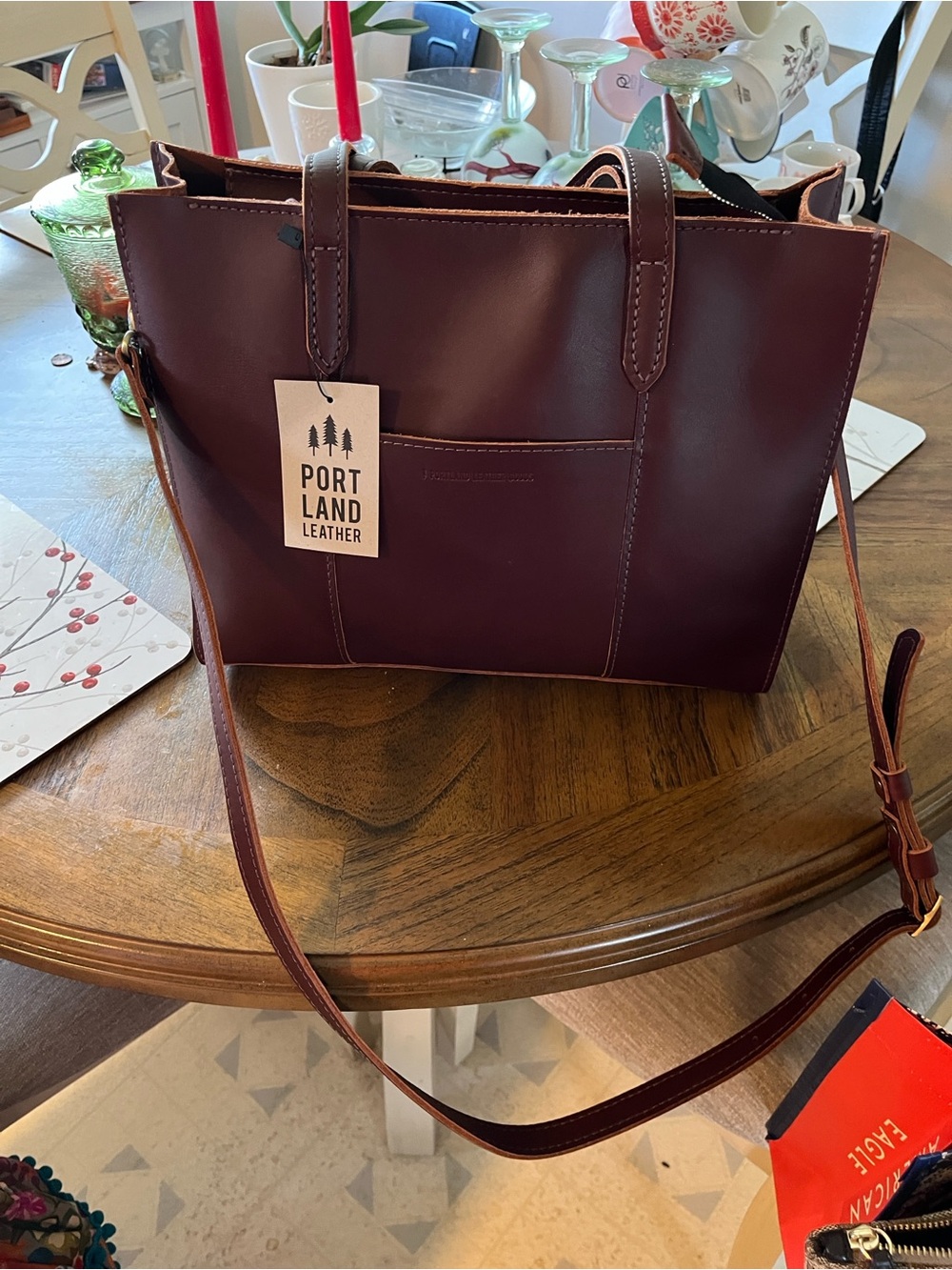Portland Leather cognac Leather Tote with Crossbody Strap